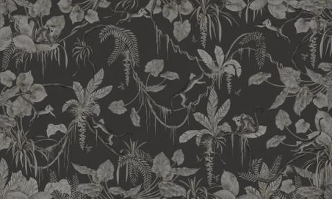 Monkeys swing through hanging vines and palm fronds in a lively all-over design, with flamingos and birds tucked among the leaves. Shown as a single-tone print in deep near-black. Busy in the best way, with something new to spot each time.