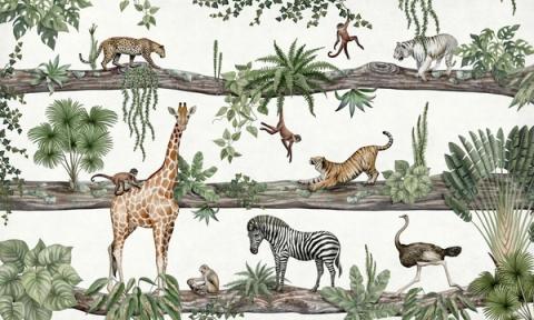 A gentle band of animals — a leopard on a log, giraffe, zebra and ostrich — strung along leafy branches on a soft cream ground. Made to run at picture height around a room, it reads as calm decoration rather than a busy scene.