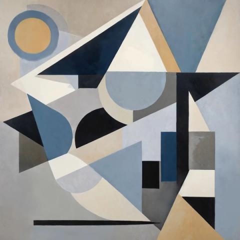 Triangles, arcs and circles in slate blue, black and cream, cut with a single band of ochre. Graphic and deliberate, it gives a plain room a strong point of view.
