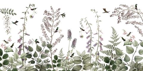 Tall foxglove-like flowers in lilac and green with hummingbirds darting between them. Botanical and lively, fresh against a white wall.