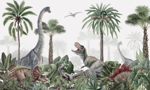 Dinosaurs roam among palms and ferns beneath a smoking volcano, in a layered, painterly jungle. Lively and detailed, made for a room with a bit of adventure.