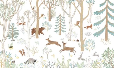 Deer leap between slender birches while squirrels and rabbits play below.