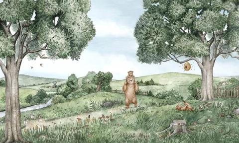 A bear ambles through rolling green hills beside a winding stream, with a beehive in a tree and small creatures in the grass. A soft, pastoral scene with plenty of space to rest the eye.