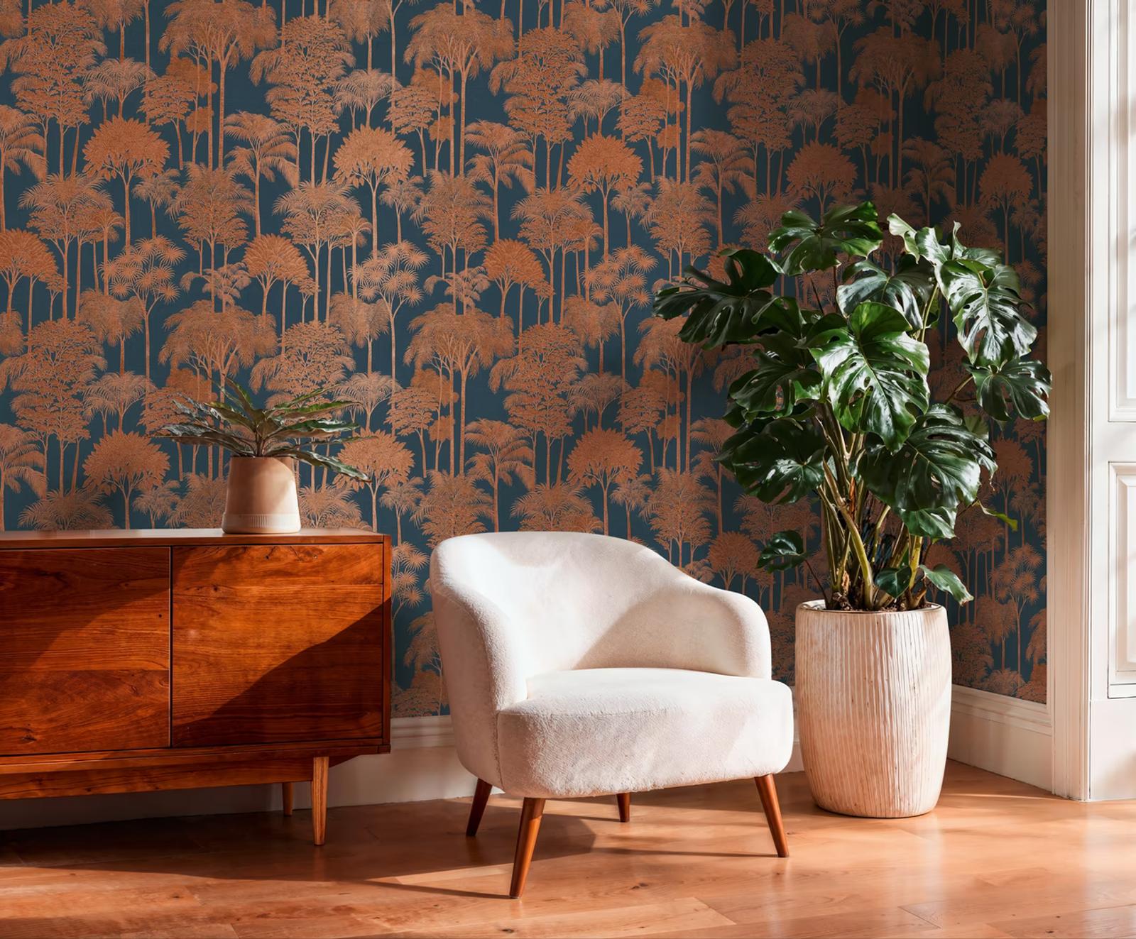 Copper Rainforest wallpaper on deep blue behind a walnut sideboard