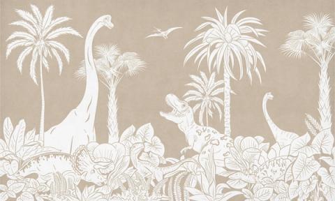 Long-necked dinosaurs wander among tall palms and ferns, drawn as a soft tonal silhouette that fades from a deeper sky into a paler foreground. Printed in a single tone of warm brown. A calm, graphic take on a prehistoric world — grown-up enough to outlast the dinosaur years.