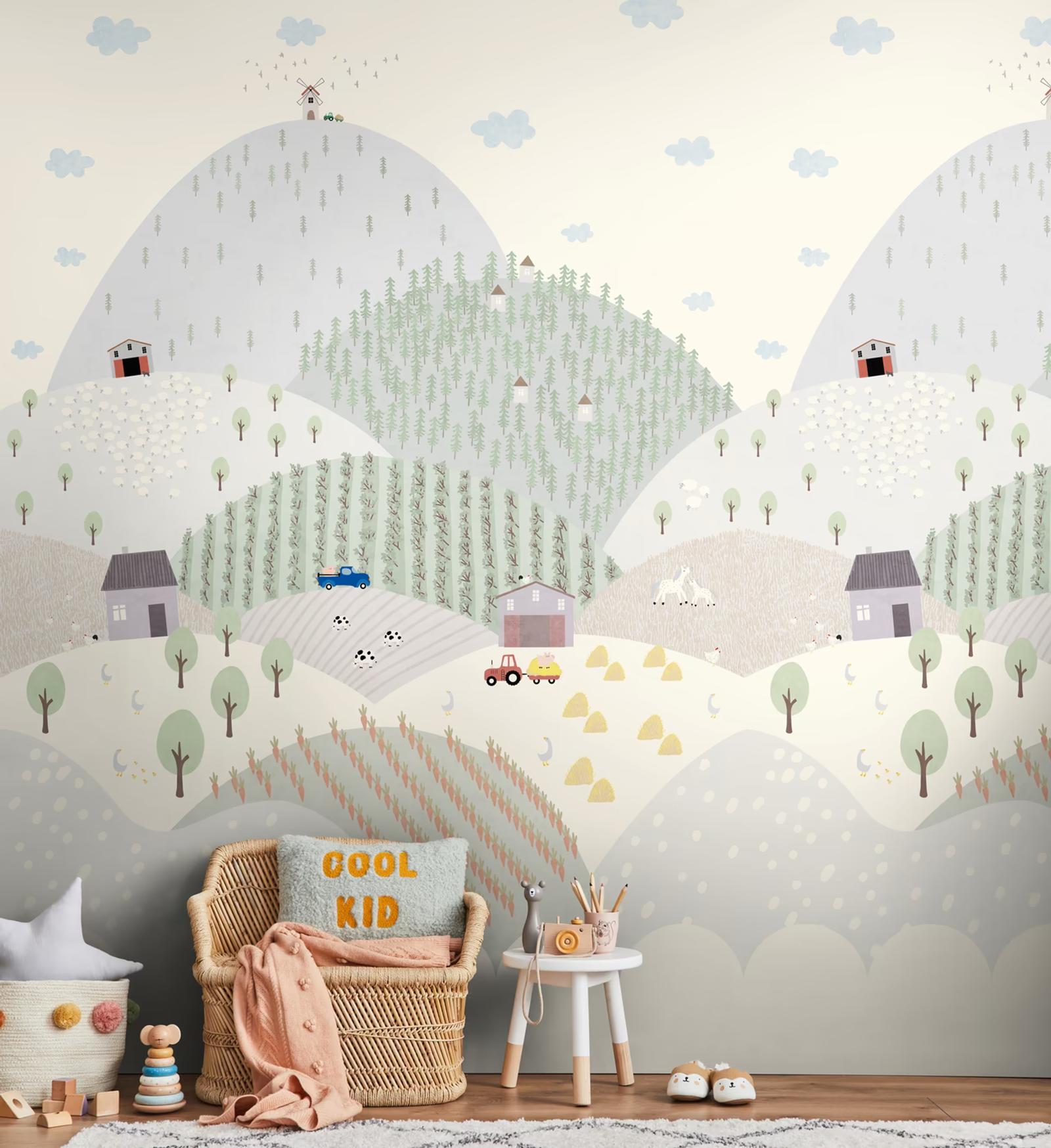 Patchwork Village wall panel in a playroom with woven baskets
