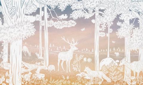 A quiet forest of slender trees with a stag at its heart and small animals in the undergrowth, printed as a single gentle tone. Printed in dusky pink, with a softly coloured sky behind. The soft, almost misty finish keeps a whole wall feeling restful rather than busy.