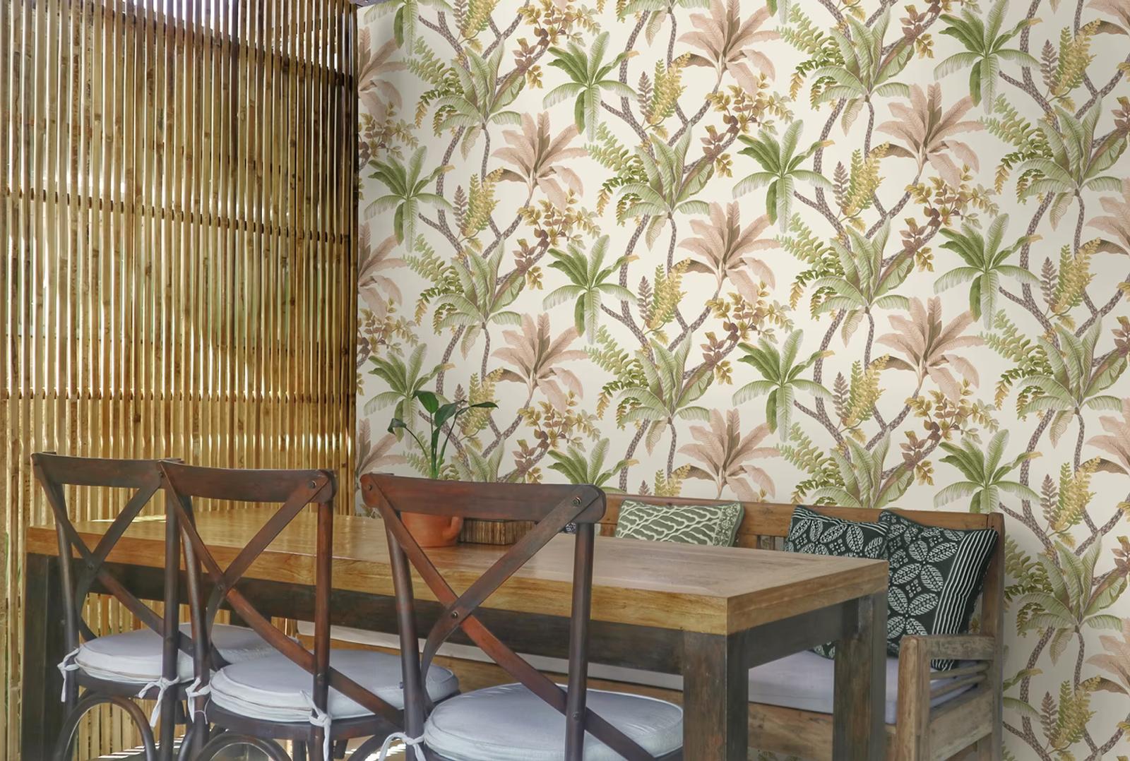 Saranda Sage Coral palm wallpaper in a dining nook