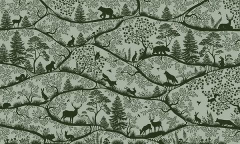 Deer, bears and foxes in fine silhouette along winding branches.