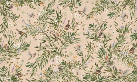 Robins and other small birds rest among ferns and slender foliage, drawn as a soft repeating spray. Shown on a warm beige ground. Gentle and green, it suits a nursery that leans natural rather than bright.
