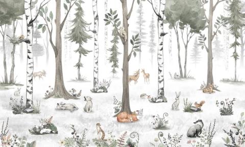 Birch woodland with deer, a fox and rabbits, drawn light and delicate on white. Soft and Scandinavian in feel, easy to live with anywhere.