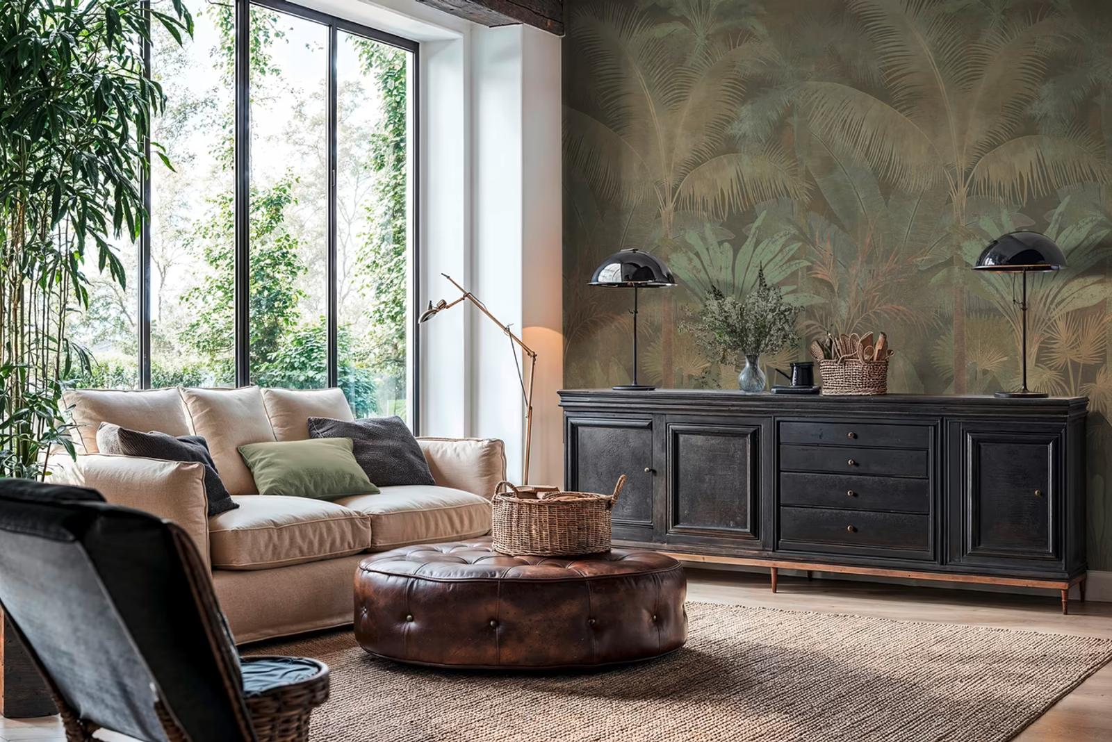 Green Jungle wall panel in a loft living room with a black sideboard