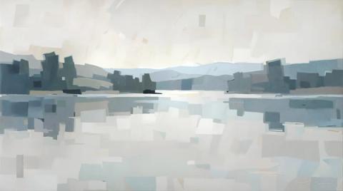 A still lake reflects a far shore in soft blue-grey, the whole scene lit evenly and low. Restful without being empty.
