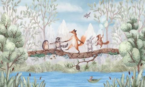Woodland friends cross a fallen log above a still pond, painted in soft watercolour greens.