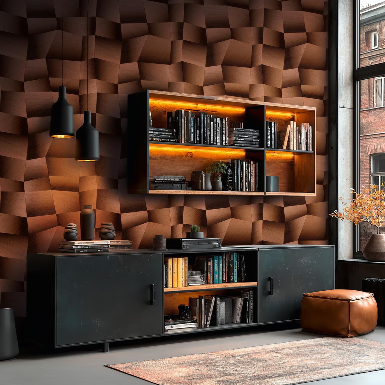 Copper Facet wallpaper on a loft wall behind a lit bookshelf