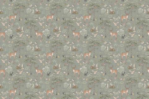 A storybook forest of trees, deer and toadstools drawn close together, here on a sage green ground. As a true repeat it tiles to fit any wall, whether as an all-over nursery paper or a single feature panel.