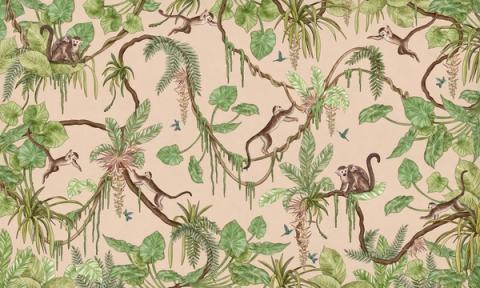 Monkeys swing through hanging vines and palm fronds in a lively all-over design, with flamingos and birds tucked among the leaves. Shown on a warm beige ground. Busy in the best way, with something new to spot each time.