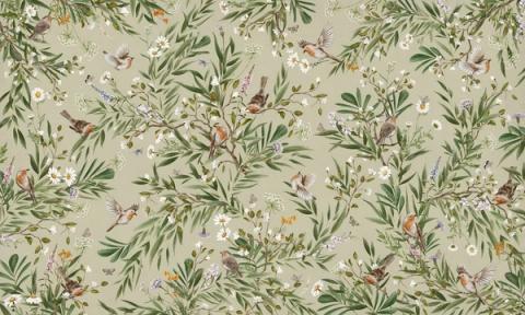 Robins and other small birds rest among ferns and slender foliage, drawn as a soft repeating spray. Shown on a sage green ground. Gentle and green, it suits a nursery that leans natural rather than bright.