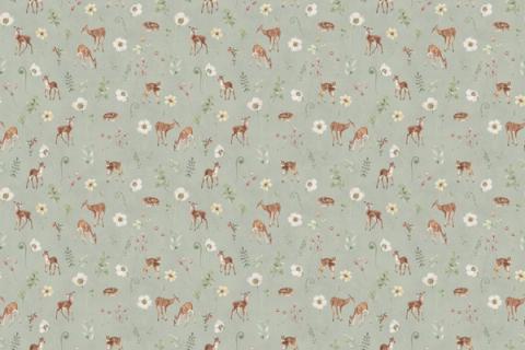 Fawns and deer stepping lightly among leaves and flowers, here on a sage green ground. As a true repeat it tiles to fit any wall, whether as an all-over nursery paper or a single feature panel.