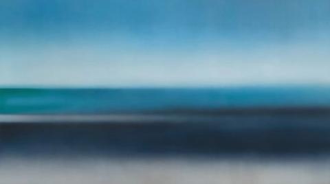 Deep blues stack from sky to sea with a thin line of turquoise between them. Cool and still, it holds a room together without shouting.