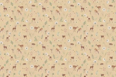 Fawns and deer stepping lightly among leaves and flowers, here on a sunny yellow ground. As a true repeat it tiles to fit any wall, whether as an all-over nursery paper or a single feature panel.