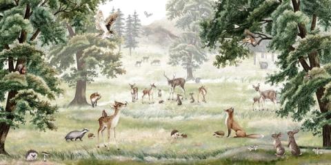 A cheerful green woodland busy with deer, rabbits and birds among the trees. Friendly and full without feeling crowded.