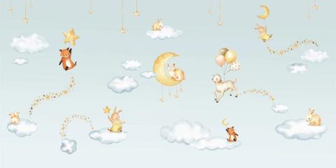Sleeping bunnies, a lamb and a fox drift between clouds and trailing star garlands.