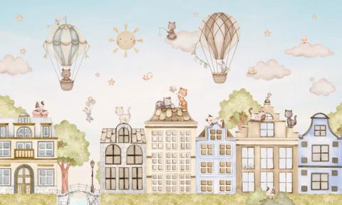 Cats lounging on the rooftops of a tall watercolour town, with balloons drifting past.