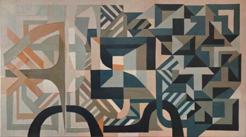 Sage, olive and charcoal shapes overlap in a loose grid, part pattern and part drawing. Cooler and more graphic than the others in the set.