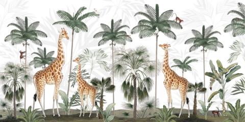 Giraffes stand tall among palms and greenery in a soft, sunlit scene. Elegant and gentle, with the animals as quiet as the setting.