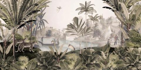 The same jungle river in warm sepia and blush, which takes the green out and leaves the depth. It suits a room with brass, terracotta or dark timber in it.