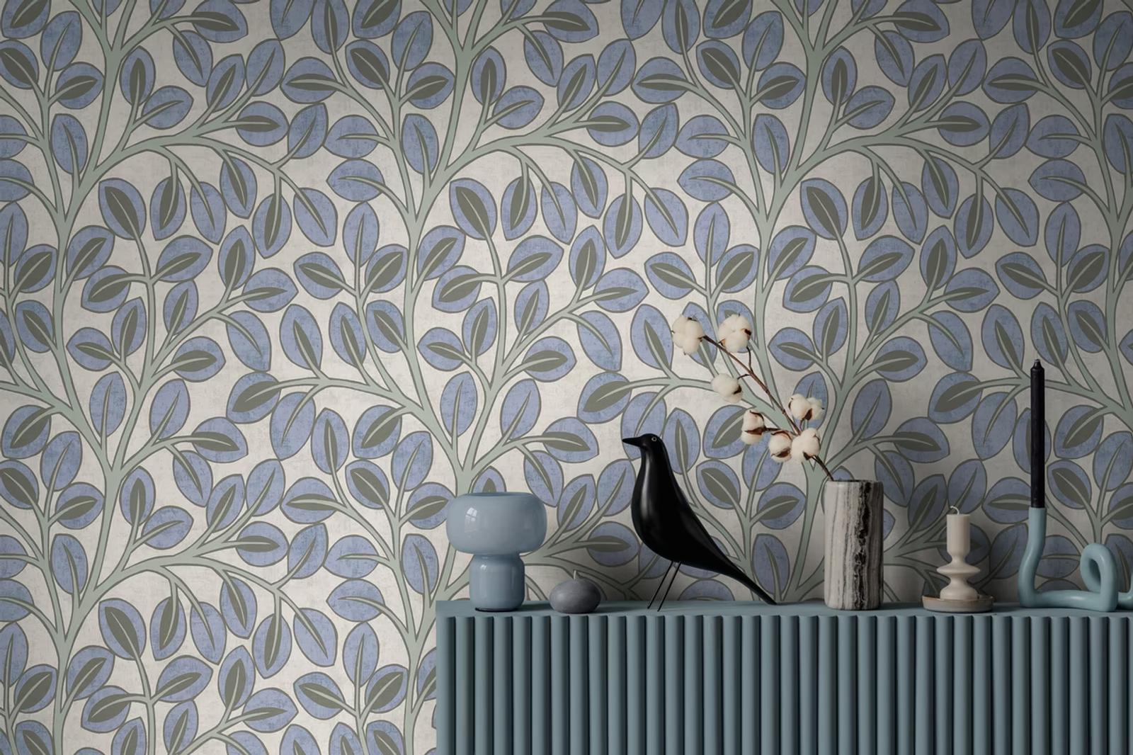 Cornflower Vine wallpaper in soft blue above a fluted sideboard