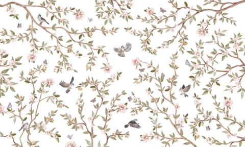 Climbing rose vines wind across the wall with small birds among the leaves, light on white. Delicate and all-over, pretty without being sweet.