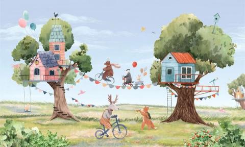 Two treehouses joined by bunting, with animals arriving by bicycle.