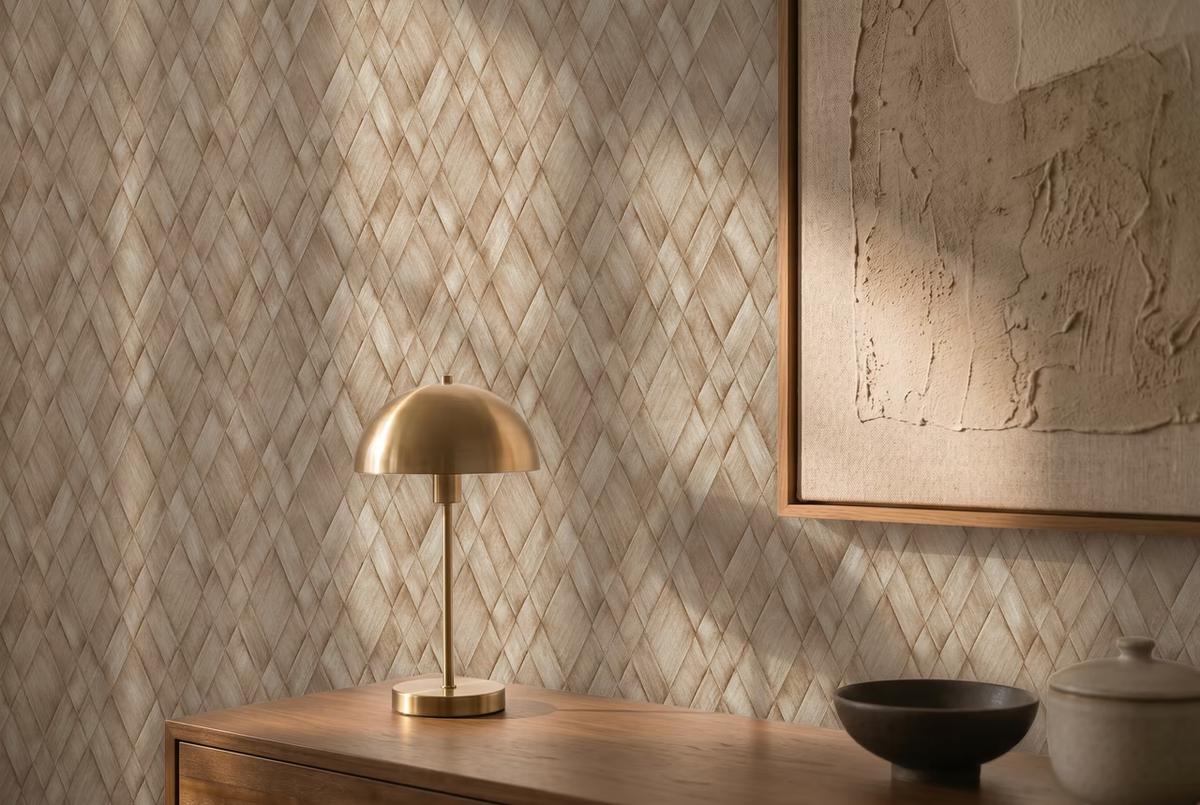 Woven rattan-effect wallpaper in warm sand, with a brass dome lamp on a walnut sideboard