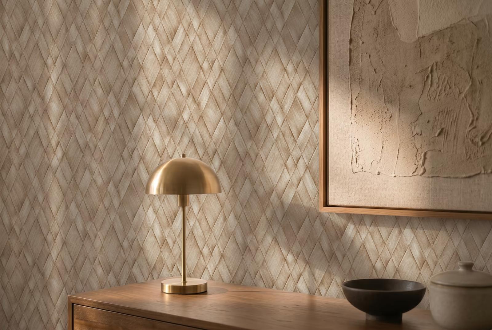 Tan Plait woven rattan wallpaper behind a desk with a brass lamp