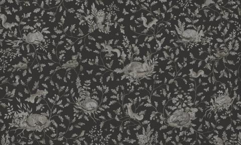 Woodland animals — rabbits, foxes and birds — dotted through leaves and berries in a fine all-over pattern. Shown as a single-tone print in deep near-black. Warm and storybook, it is a wall a child grows into.