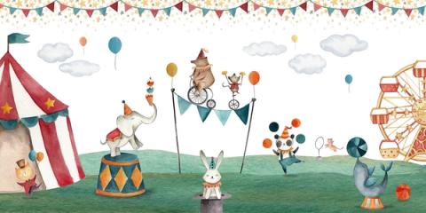 A big top, a ferris wheel and animal performers under strings of bunting.