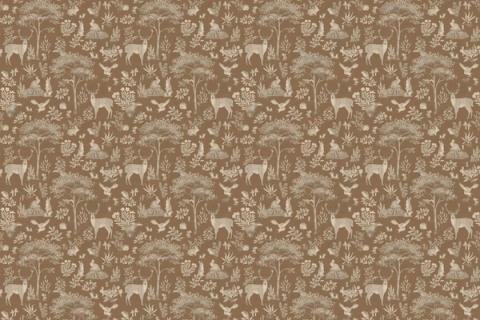 A storybook forest of trees, deer and toadstools drawn close together, here in a vintage brown palette. As a true repeat it tiles to fit any wall, whether as an all-over nursery paper or a single feature panel.