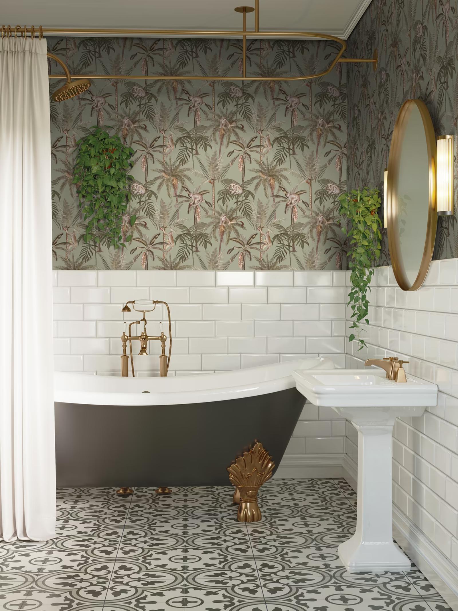 Ateles Sage palm and monkey wallpaper in a bathroom with a roll-top bath
