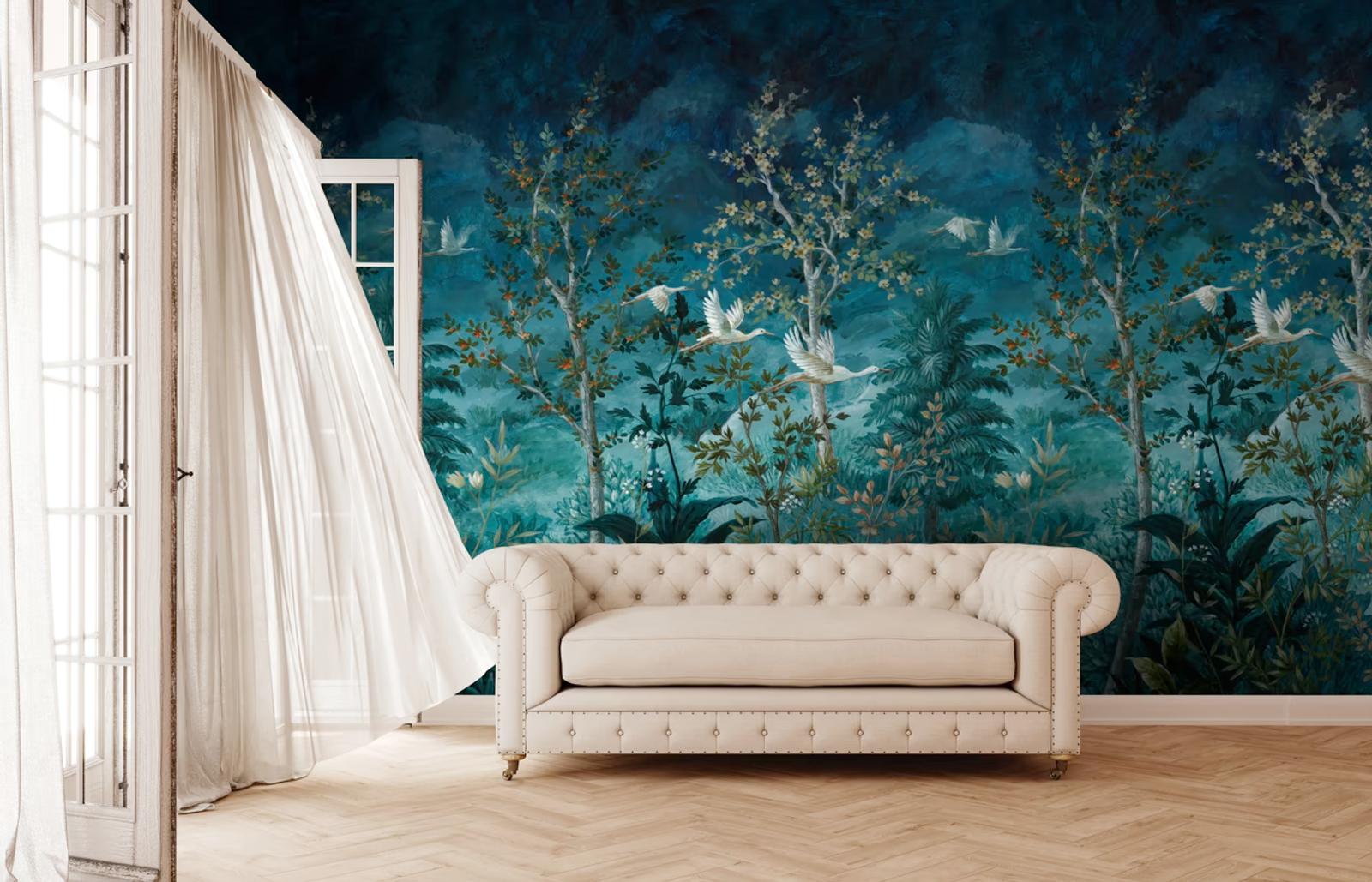 Midnight Canopy Blue mural behind a cream chesterfield sofa