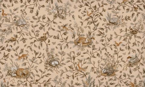 Woodland animals — rabbits, foxes and birds — dotted through leaves and berries in a fine all-over pattern. Shown in a softened vintage beige palette. Warm and storybook, it is a wall a child grows into.