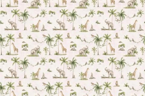 Palms, giraffes and cheerful jungle animals in a small repeat, here on a clean white ground. As a true repeat it tiles to fit any wall, whether as an all-over nursery paper or a single feature panel.