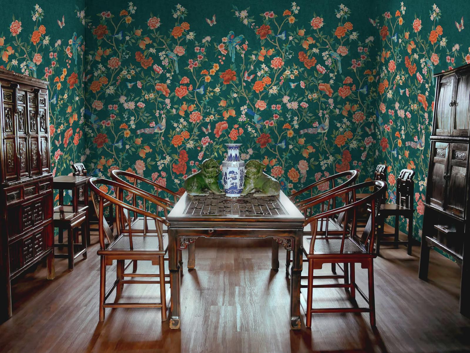 Imperial Gardens Teal wallpaper in a Chinese-style dining room