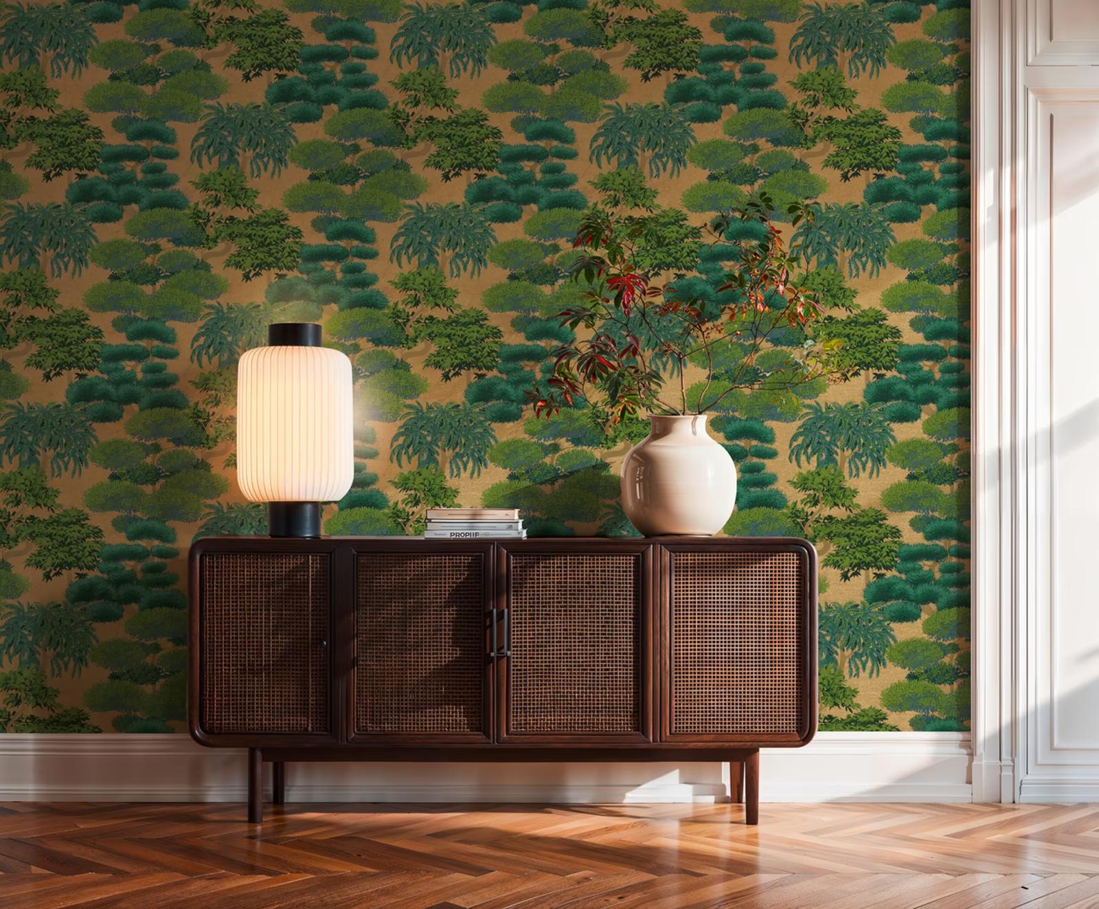 Gold Grove wallpaper above a cane sideboard on a herringbone floor