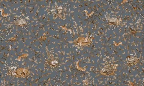 Woodland animals — rabbits, foxes and birds — dotted through leaves and berries in a fine all-over pattern. Shown in a softened vintage blue palette. Warm and storybook, it is a wall a child grows into.