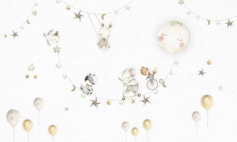 A sleeping moon, star garlands and tiny animals balancing above pale balloons.
