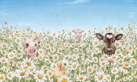 A pig, a calf and a duckling among a meadow of daisies under a soft blue sky. Simple, sweet and reassuring for a very young room.