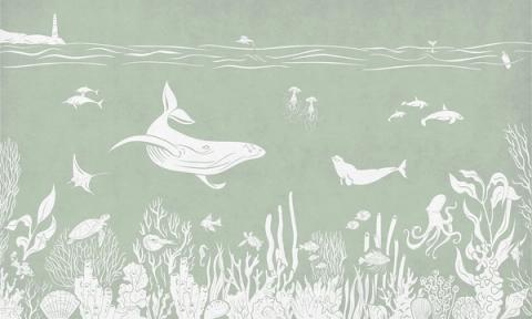 Whales, rays and little fish drift through a tonal underwater scene that lightens from the seabed up to the surface. Printed in a single tone of gentle green. Peaceful and dreamy, made for a room you want to feel still.