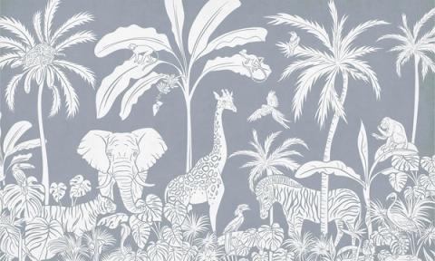 Palms, elephants, giraffes and other jungle animals massed into a tonal silhouette, layered from a darker sky down to a light forest floor. Printed in a single tone of soft blue. Detailed up close, yet soft enough to sit quietly behind a cot.
